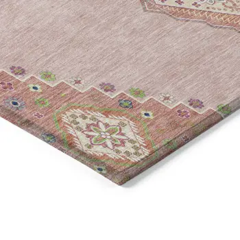 9' X 12' Pink Green And Ivory Oriental Washable Indoor Outdoor Area Rug