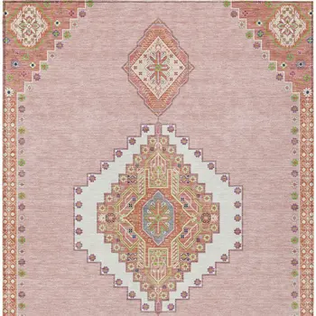 9' X 12' Pink Green And Ivory Oriental Washable Indoor Outdoor Area Rug
