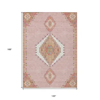 10' X 14' Pink Green And Ivory Oriental Washable Indoor Outdoor Area Rug