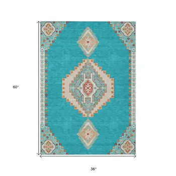 3' X 5' Teal Blue Brown And Ivory Oriental Washable Indoor Outdoor Area Rug