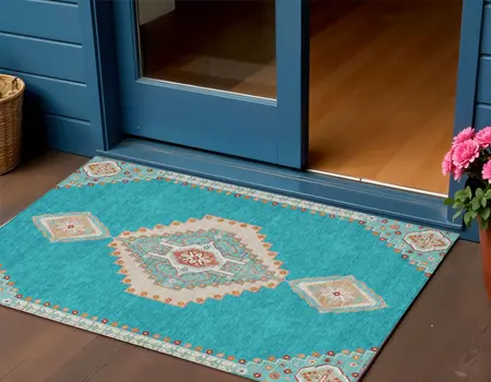 3' X 5' Teal Blue Brown And Ivory Oriental Washable Indoor Outdoor Area Rug