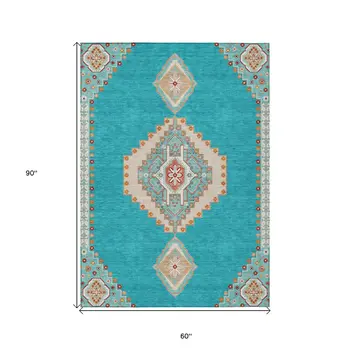 5' X 8' Teal Blue Brown And Ivory Oriental Washable Indoor Outdoor Area Rug