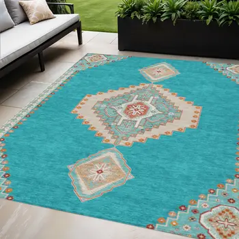 5' X 8' Teal Blue Brown And Ivory Oriental Washable Indoor Outdoor Area Rug