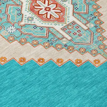 5' X 8' Teal Blue Brown And Ivory Oriental Washable Indoor Outdoor Area Rug