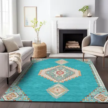 5' X 8' Teal Blue Brown And Ivory Oriental Washable Indoor Outdoor Area Rug