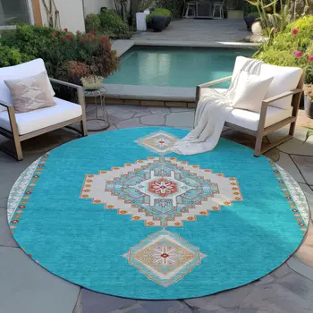 8' Teal Blue Brown And Ivory Round Oriental Washable Indoor Outdoor Area Rug