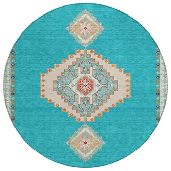 8' Teal Blue Brown And Ivory Round Oriental Washable Indoor Outdoor Area Rug