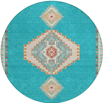 8' Teal Blue Brown And Ivory Round Oriental Washable Indoor Outdoor Area Rug
