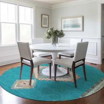 8' Teal Blue Brown And Ivory Round Oriental Washable Indoor Outdoor Area Rug