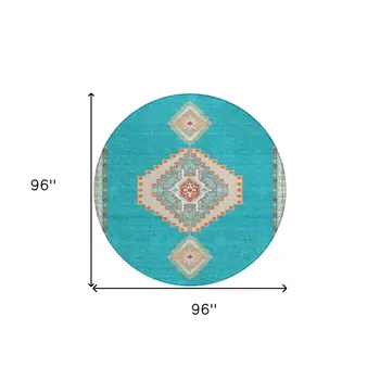 8' Teal Blue Brown And Ivory Round Oriental Washable Indoor Outdoor Area Rug