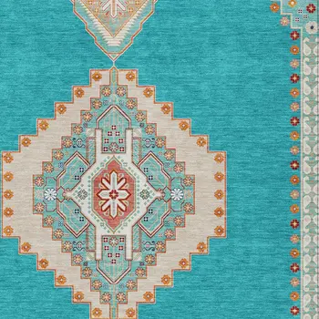 8' X 10' Teal Blue Brown And Ivory Oriental Washable Indoor Outdoor Area Rug