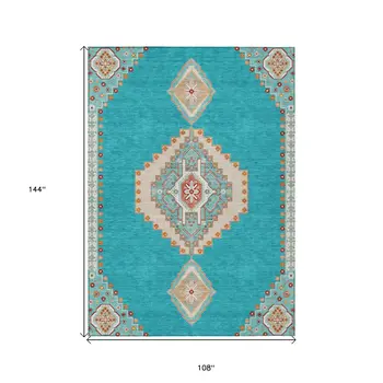 9' X 12' Teal Blue Brown And Ivory Oriental Washable Indoor Outdoor Area Rug