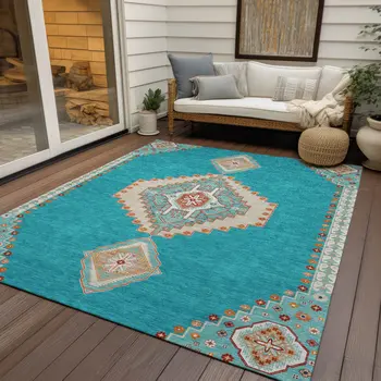9' X 12' Teal Blue Brown And Ivory Oriental Washable Indoor Outdoor Area Rug
