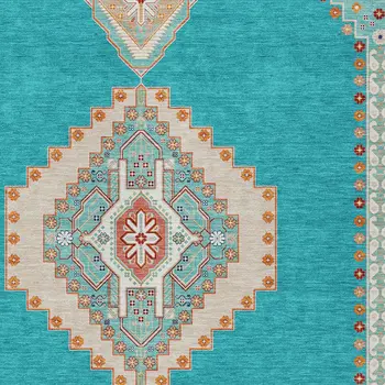 9' X 12' Teal Blue Brown And Ivory Oriental Washable Indoor Outdoor Area Rug