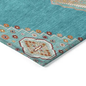 9' X 12' Teal Blue Brown And Ivory Oriental Washable Indoor Outdoor Area Rug