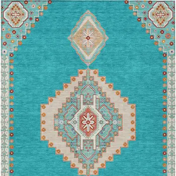 9' X 12' Teal Blue Brown And Ivory Oriental Washable Indoor Outdoor Area Rug