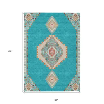 10' X 14' Teal Blue Brown And Ivory Oriental Washable Indoor Outdoor Area Rug