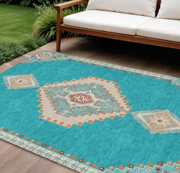 10' X 14' Teal Blue Brown And Ivory Oriental Washable Indoor Outdoor Area Rug