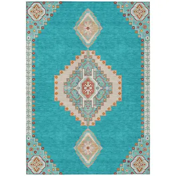 10' X 14' Teal Blue Brown And Ivory Oriental Washable Indoor Outdoor Area Rug
