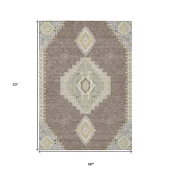 5' X 8' Taupe Gray And Ivory Oriental Washable Indoor Outdoor Area Rug