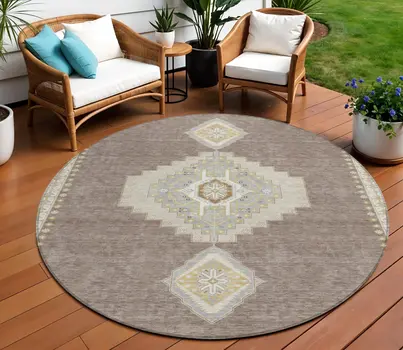 8' Taupe Gray And Ivory Round Oriental Washable Indoor Outdoor Area Rug