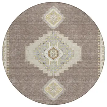 8' Taupe Gray And Ivory Round Oriental Washable Indoor Outdoor Area Rug