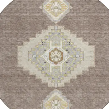 8' Taupe Gray And Ivory Round Oriental Washable Indoor Outdoor Area Rug