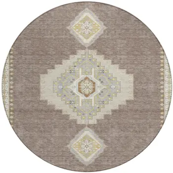 8' Taupe Gray And Ivory Round Oriental Washable Indoor Outdoor Area Rug