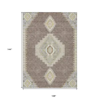 9' X 12' Taupe Gray And Ivory Oriental Washable Indoor Outdoor Area Rug
