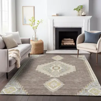 9' X 12' Taupe Gray And Ivory Oriental Washable Indoor Outdoor Area Rug