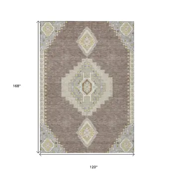 10' X 14' Taupe Gray And Ivory Oriental Washable Indoor Outdoor Area Rug