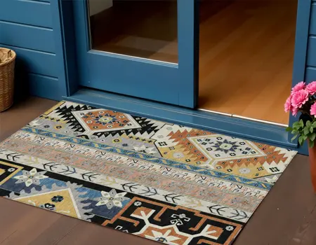 3' X 5' Black Ivory And Copper Aztec Washable Indoor Outdoor Area Rug