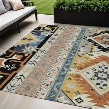 5' X 8' Black Ivory And Copper Aztec Washable Indoor Outdoor Area Rug