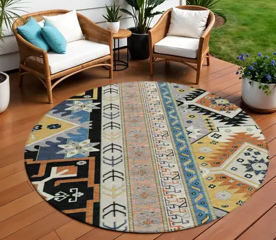 8' Black Ivory And Copper Round Aztec Washable Indoor Outdoor Area Rug