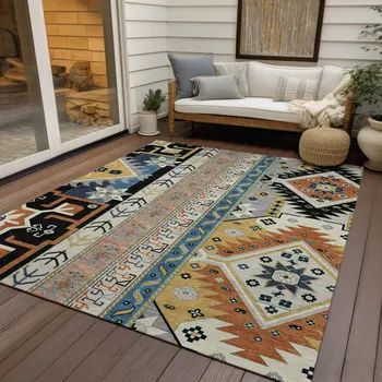 9' X 12' Black Ivory And Copper Aztec Washable Indoor Outdoor Area Rug
