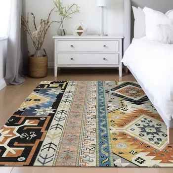 9' X 12' Black Ivory And Copper Aztec Washable Indoor Outdoor Area Rug