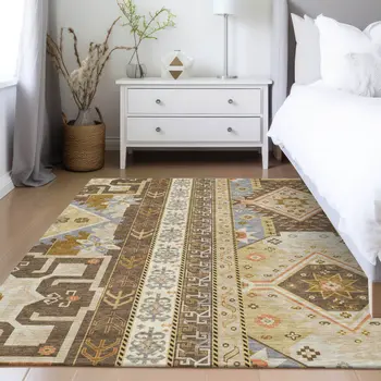 5' X 8' Brown Beige And Ivory Aztec Washable Indoor Outdoor Area Rug