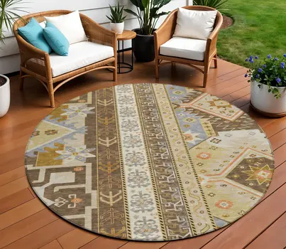 8' Brown Beige And Ivory Round Aztec Washable Indoor Outdoor Area Rug
