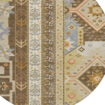 8' Brown Beige And Ivory Round Aztec Washable Indoor Outdoor Area Rug