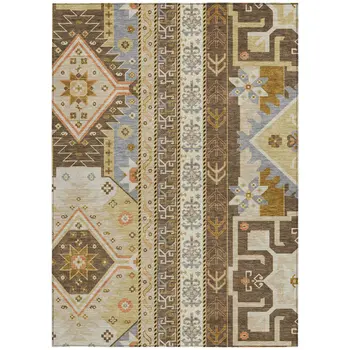 9' X 12' Brown Beige And Ivory Aztec Washable Indoor Outdoor Area Rug