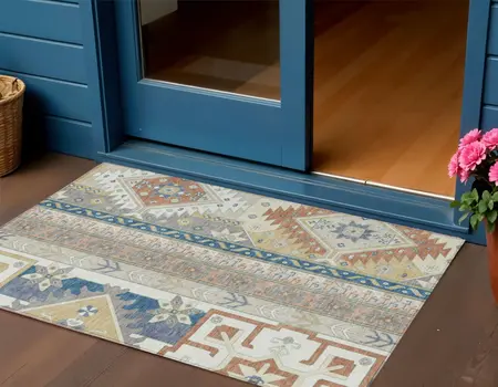 3' X 5' Ivory Blue And Brown Aztec Washable Indoor Outdoor Area Rug
