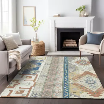 3' X 5' Ivory Blue And Brown Aztec Washable Indoor Outdoor Area Rug