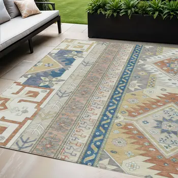 5' X 8' Ivory Blue And Brown Aztec Washable Indoor Outdoor Area Rug