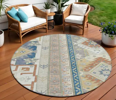 8' Ivory Blue And Brown Round Aztec Washable Indoor Outdoor Area Rug
