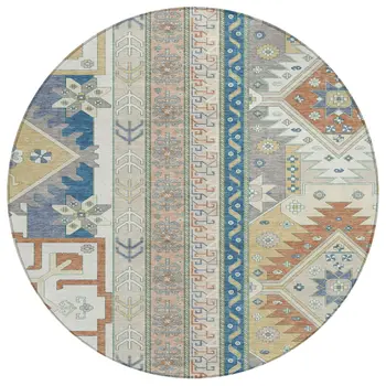 8' Ivory Blue And Brown Round Aztec Washable Indoor Outdoor Area Rug