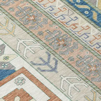 10' X 14' Ivory Blue And Brown Aztec Washable Indoor Outdoor Area Rug
