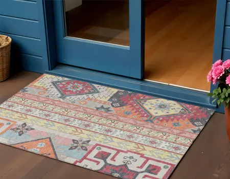 3' X 5' Linen Pink And Yellow Aztec Washable Indoor Outdoor Area Rug