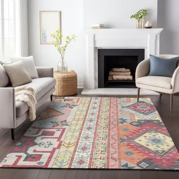 3' X 5' Linen Pink And Yellow Aztec Washable Indoor Outdoor Area Rug
