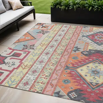 5' X 8' Linen Pink And Yellow Aztec Washable Indoor Outdoor Area Rug