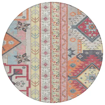 8' Linen Pink And Yellow Round Aztec Washable Indoor Outdoor Area Rug